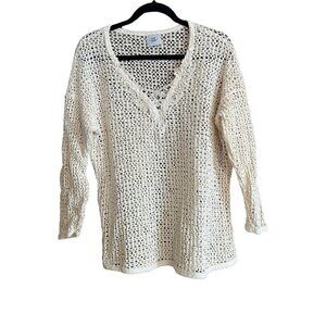 Women's David Wayne Long Sleeve Cream Color Crocheted Shirt, Top, Sweater